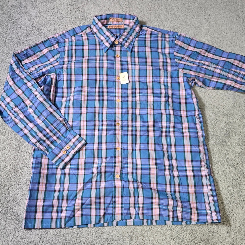Henry Grethel Mens Large L Button Down Shirt Blue Pink Plaid Long Sleeve Pocket